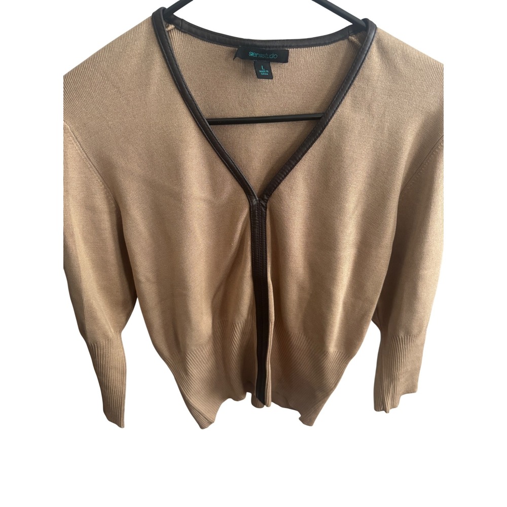 Siena Studio Women Camel Tan Leather Trim V-Neck Knit Cardigan Sweater Large
